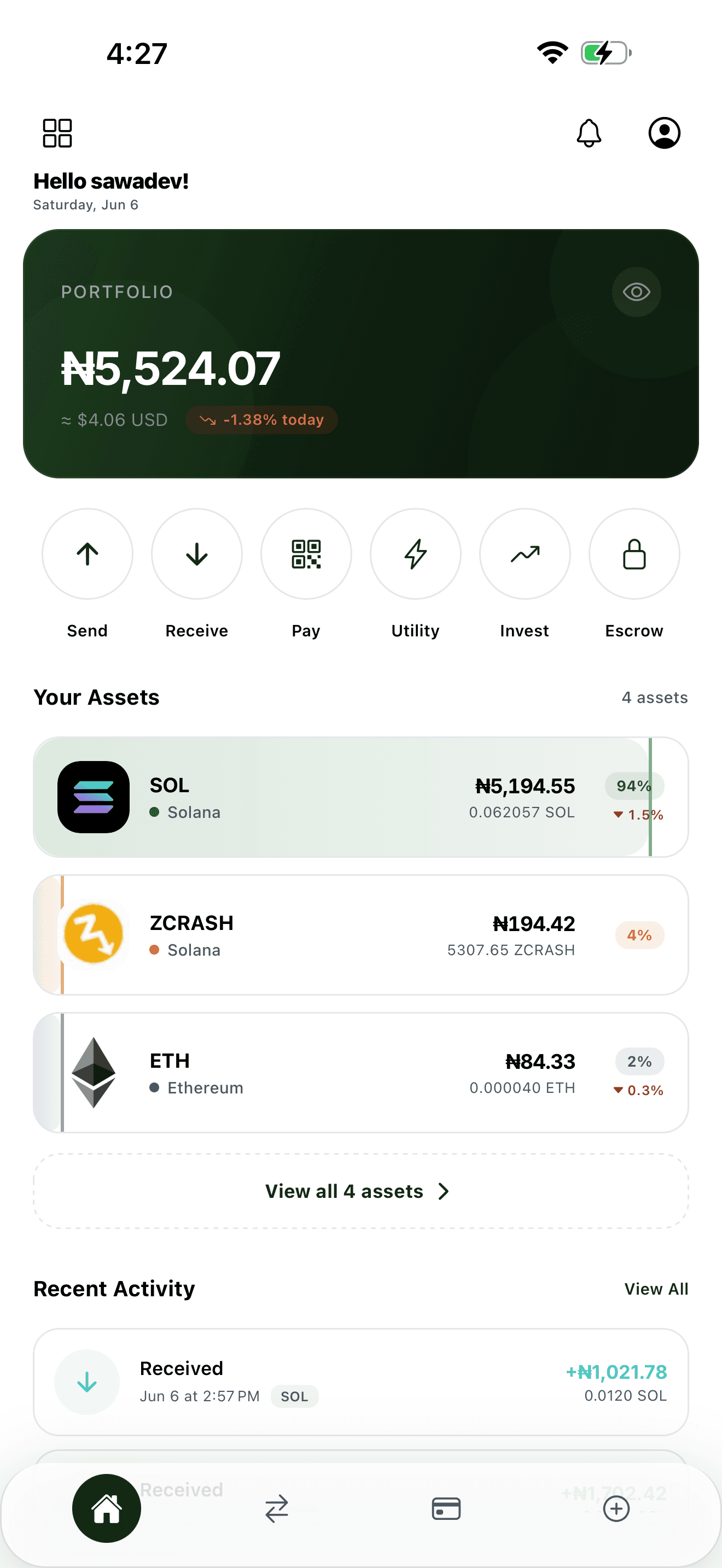 Sawa Wallet app interface showing phone number-based transfers