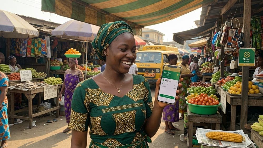 Young woman sending money in Lagos market using Sawa Wallet