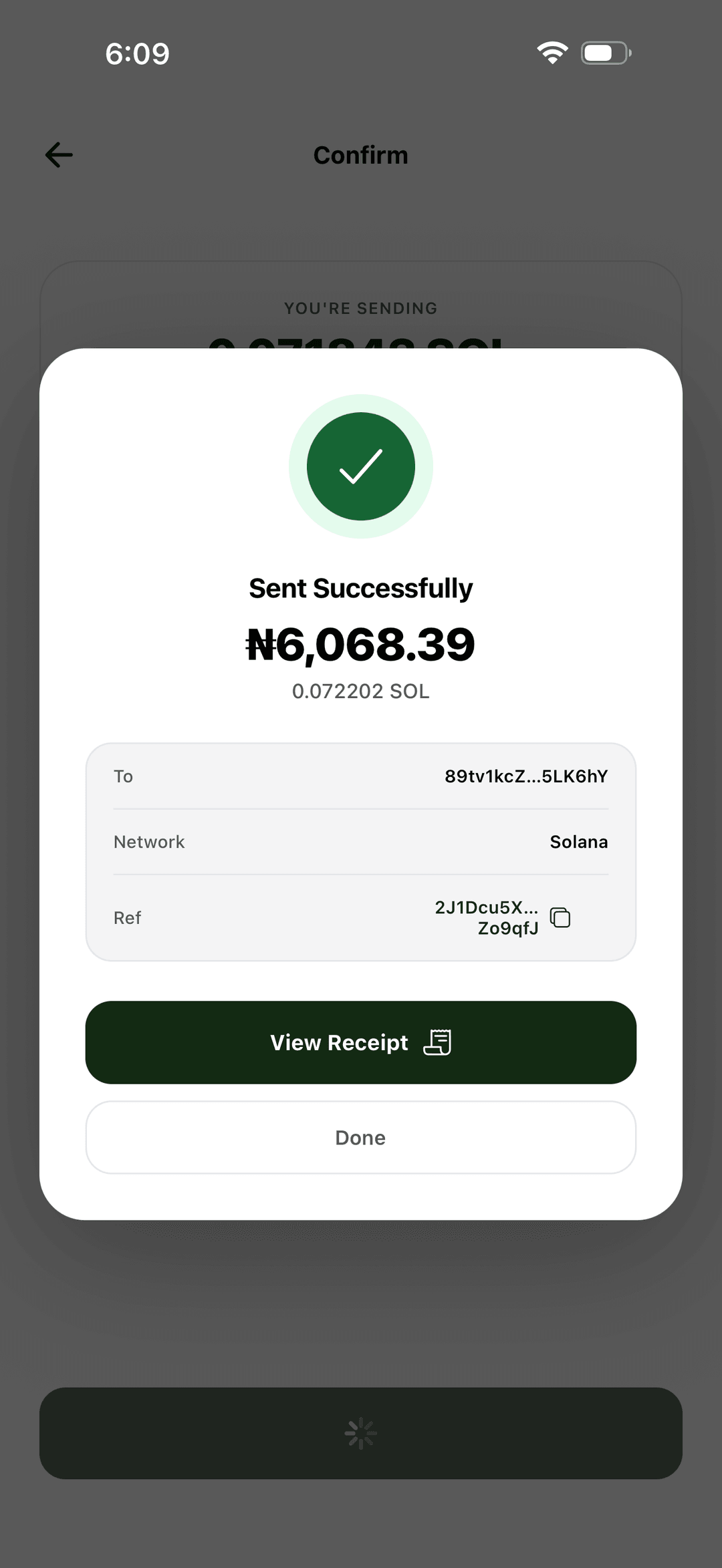 Sawa Wallet confirming a payment was sent successfully